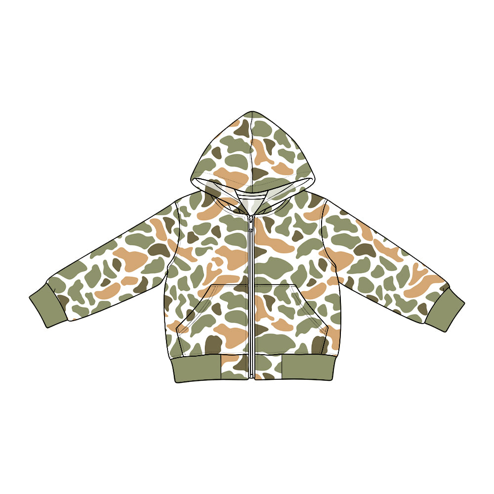 Preorder moq 5 Baby Boys Long Sleeve Green Yellow Camo Zip Pockets Denim Hoodie Jackets Top