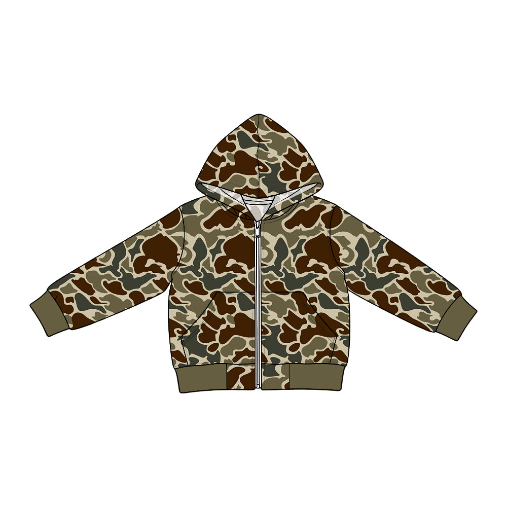 Preorder moq 5 Baby Boys Long Sleeve Dark Khaki Camo Zip Pockets Denim Hoodie Jackets Top
