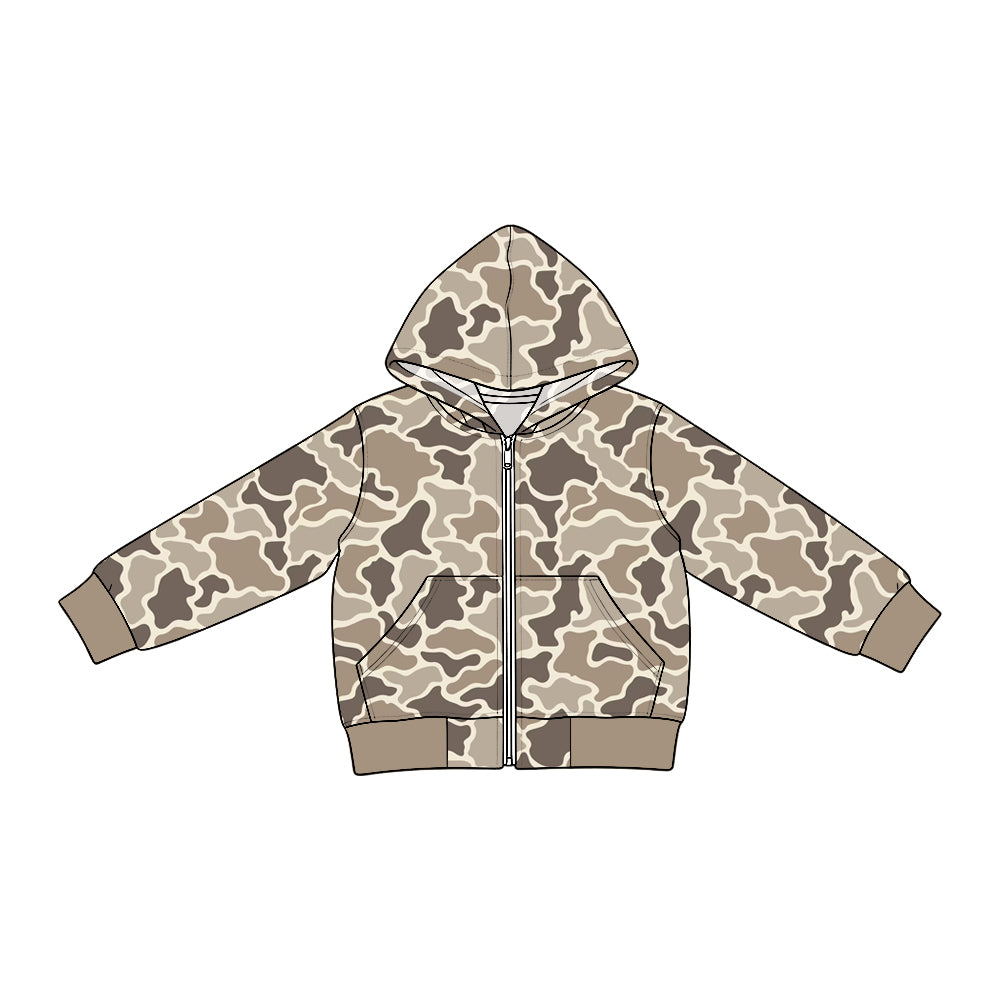 Preorder moq 5 Baby Boys Long Sleeve Khaki Camo Zip Pockets Denim Hoodie Jackets Top