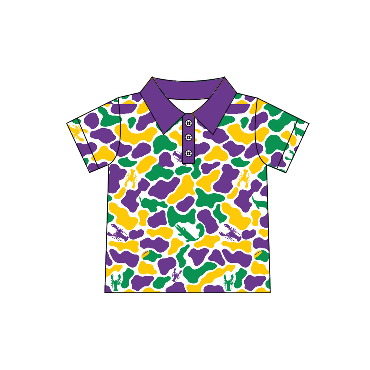 Preorder moq 5 Baby Boys Short Sleeve Mardigras Camo Crayfishes Button Polo Shirts Top