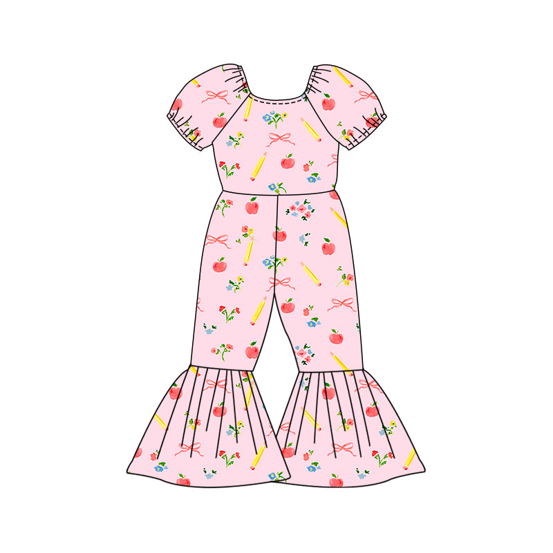 Preorder (moq 5)Baby Girls Bows Apples Pencils Back to School Bell Bottom Pant Jumpsuits