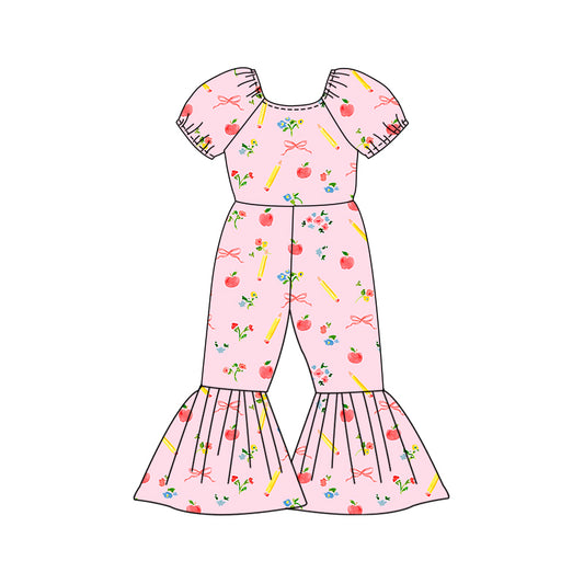 Preorder (moq 5)Baby Girls Bows Apples Pencils Back to School Bell Bottom Pant Jumpsuits