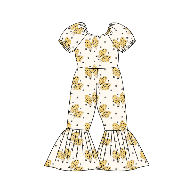 Preorder (moq 5)Baby Girls Stars Pencil Bows Back to School Bell Bottom Pant Jumpsuits