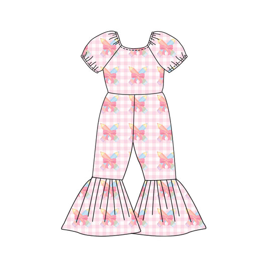 Preorder (moq 5)Baby Girls Pink Checked Pencil Bows Back to School Bell Bottom Pant Jumpsuits