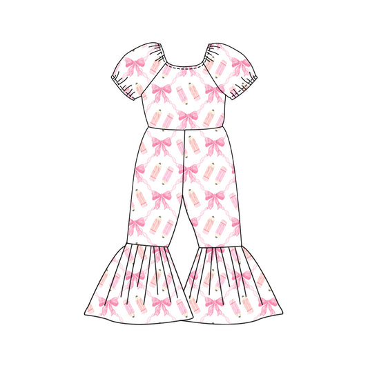 Preorder (moq 5)Baby Girls Pencil Bows Checked Back to School Bell Bottom Pant Jumpsuits