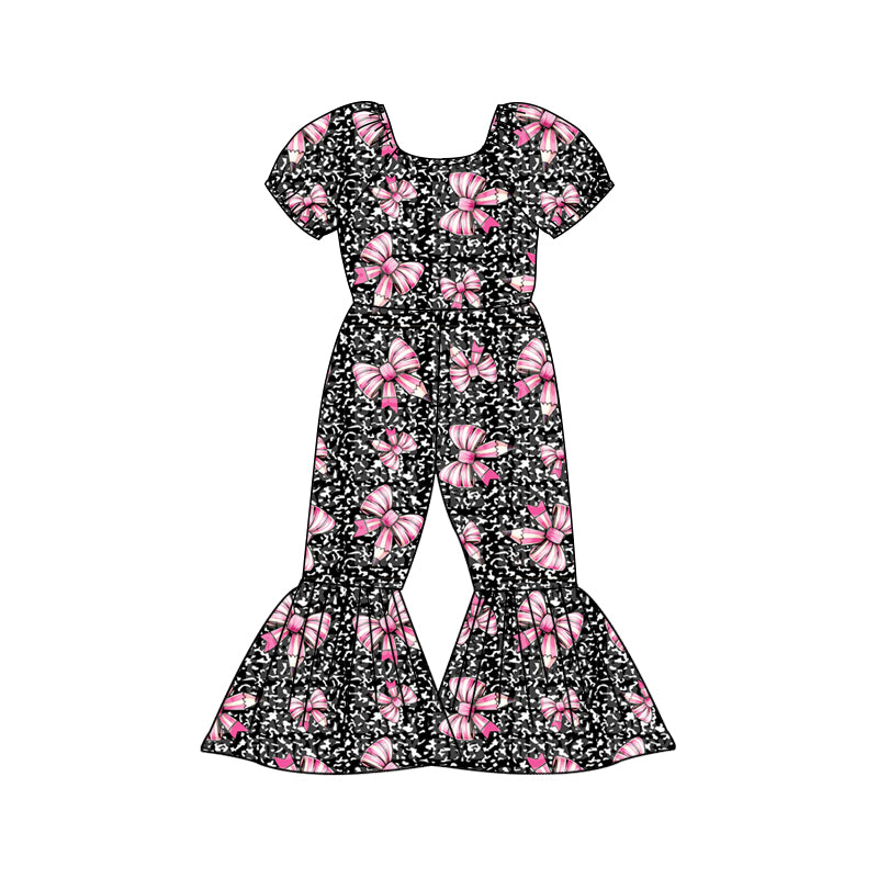 Preorder (moq 5)Baby Girls Pencil Bows Leopard Back to School Bell Bottom Pant Jumpsuits
