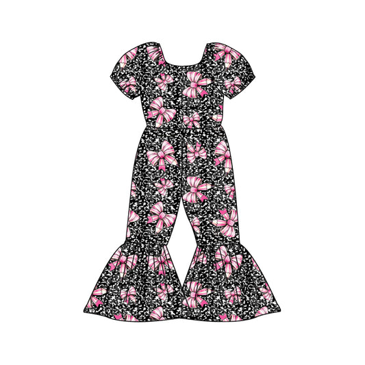 Preorder (moq 5)Baby Girls Pencil Bows Leopard Back to School Bell Bottom Pant Jumpsuits