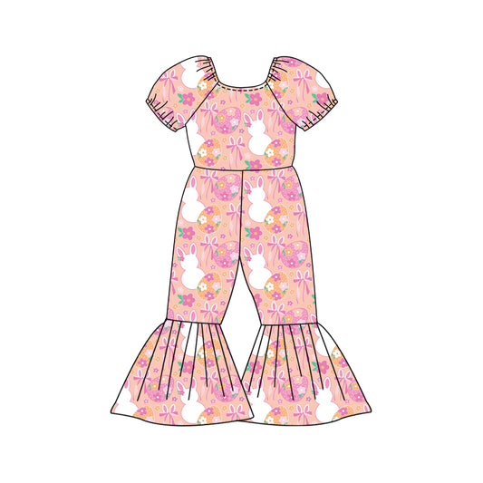 Preorder (moq 5)Baby Girls Flowers Rabbits Eggs Easter Bell Bottom Pant Jumpsuits