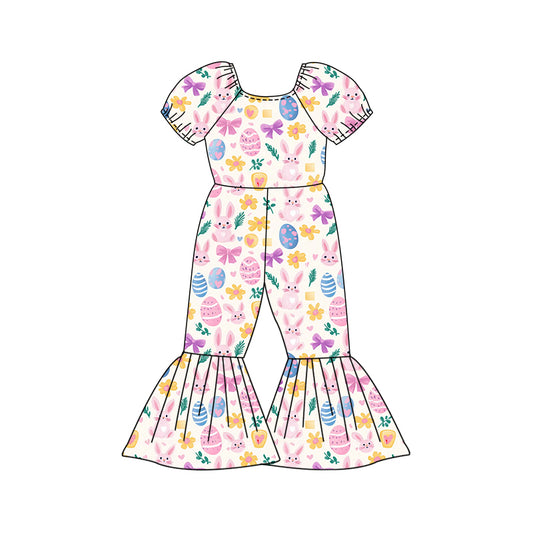 Preorder (moq 5)Baby Girls Flowers Rabbits Eggs Easter Bell Bottom Pant Jumpsuits