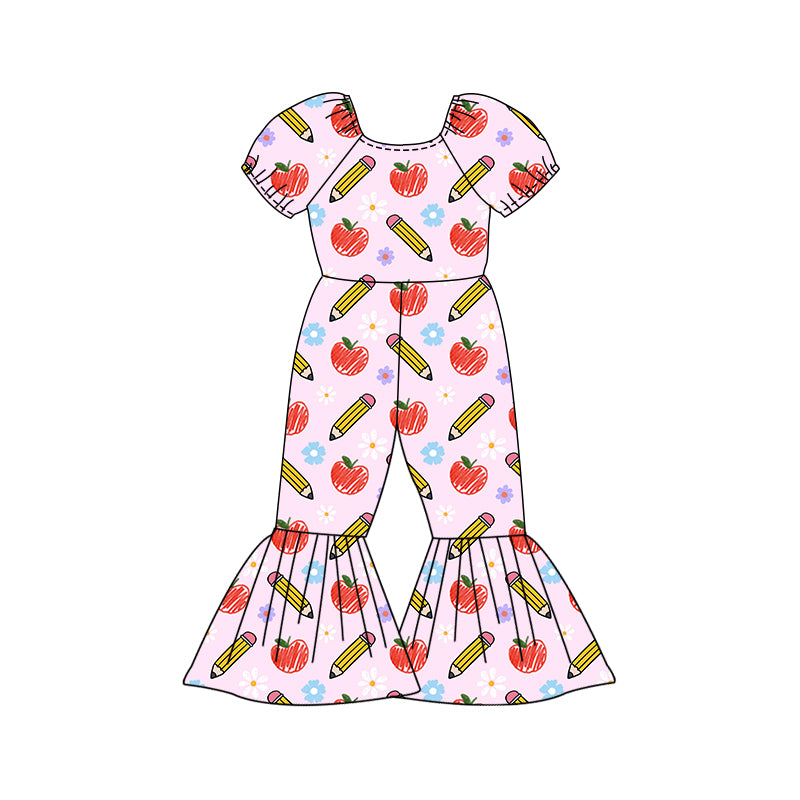 Preorder (moq 5)Baby Girls Flowers Apples Pencils Back to School Bell Bottom Pant Jumpsuits