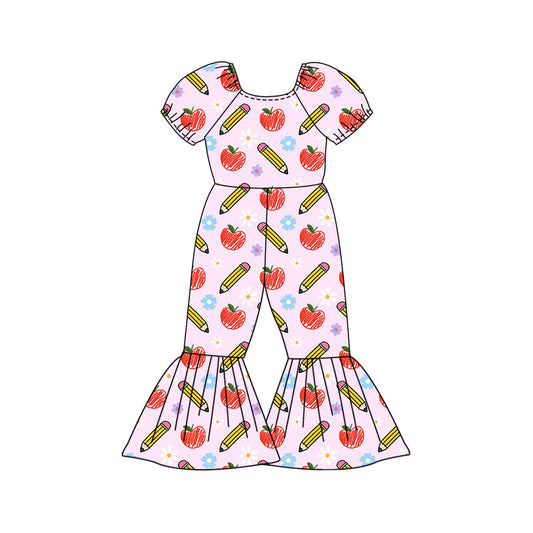 Preorder (moq 5)Baby Girls Flowers Apples Pencils Back to School Bell Bottom Pant Jumpsuits