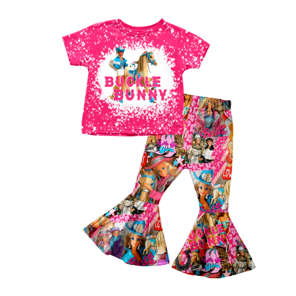 Baby Girls Pink Doll Horse Bleached Shirt Bell Pants Clothes Sets preorder(moq 5)