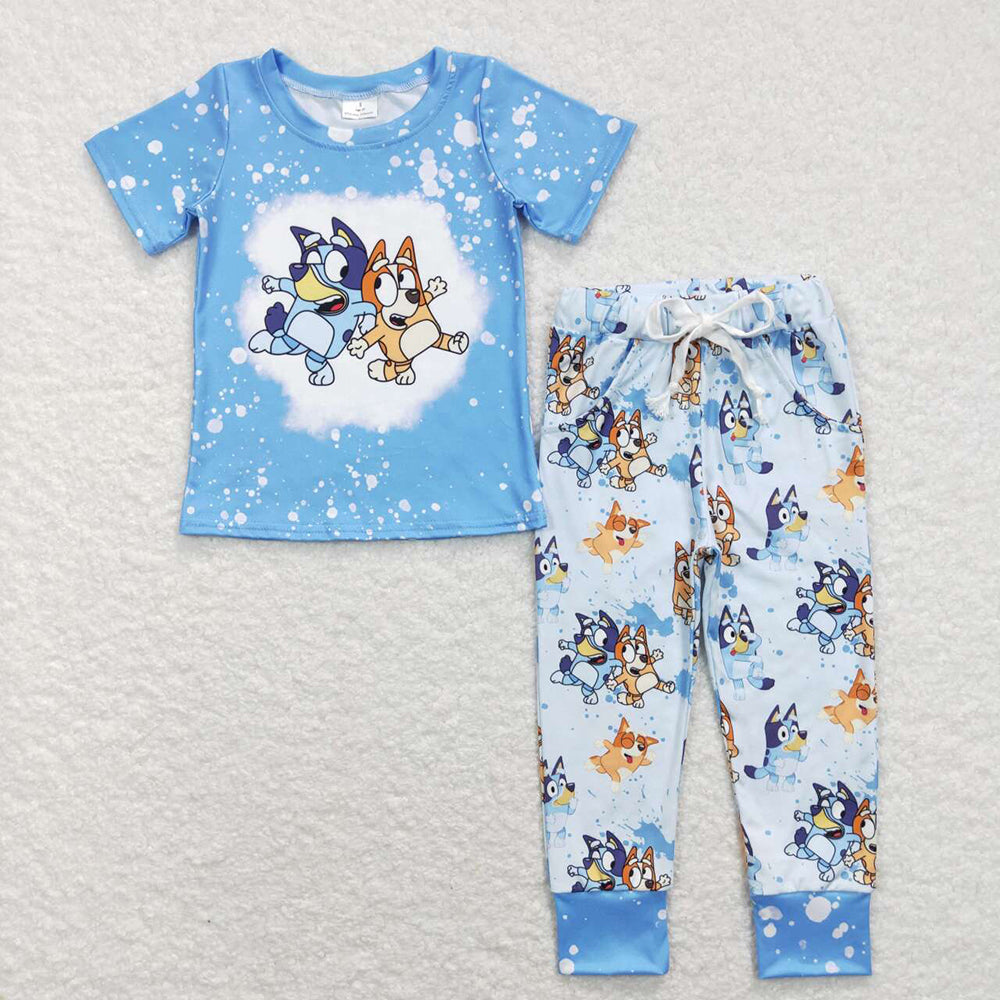 Baby Girls Boys Blue Dog Short Sleeve Shirt Top Pants Sibling Clothes Sets