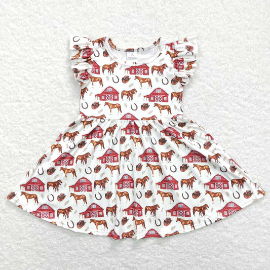 Baby Girls Flutter Sleeve Farm Horse Knee Length Dresses