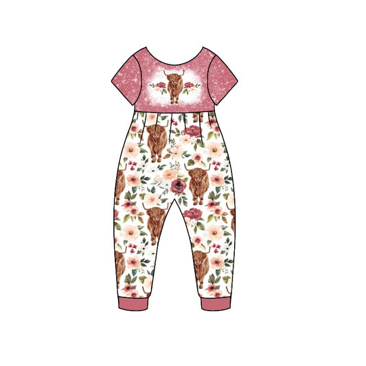 Baby Girls Highland Cow Flowers Western Short Sleeve Jumpsuits preorder(moq 5)