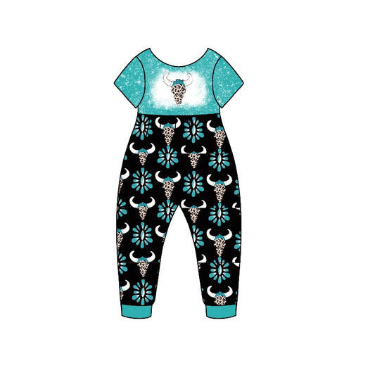 Baby Girls Western Turquoise Cow Short Sleeve Jumpsuits preorder(moq 5)