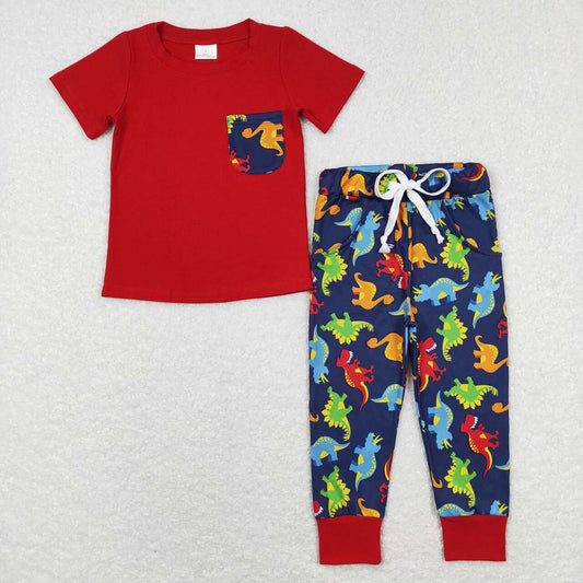 Baby Boys Red Short Sleeve Tee Shirts Dinosaur Pants Clothes Sets