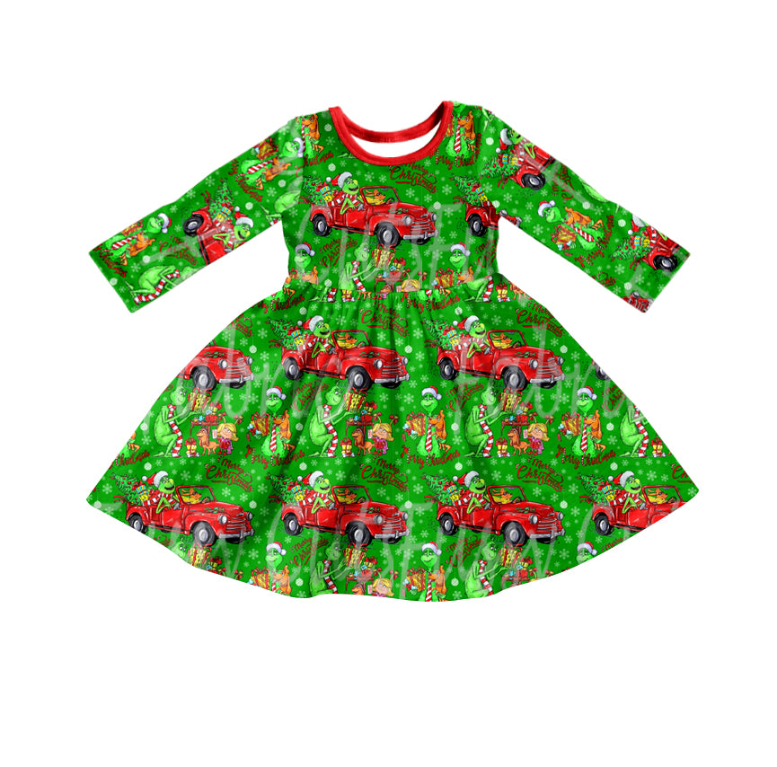 Baby Girls Christmas Green Face Car Long Sleeve Dresses preorder(moq 5)