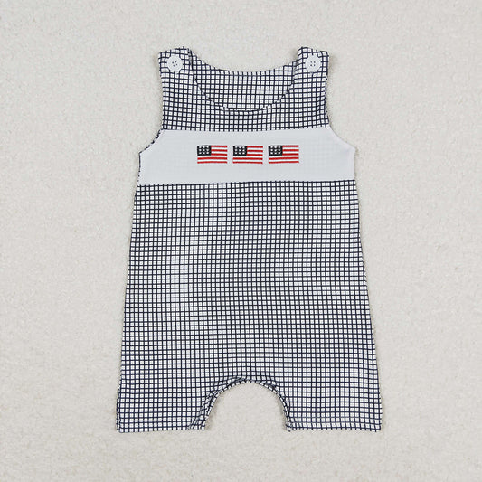 Baby Infant Boys Blue Checkered Flag 4th of July Rompers