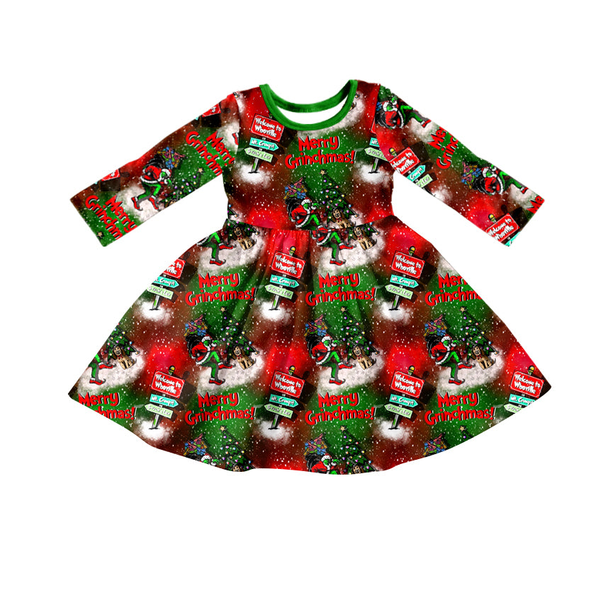 Baby Girls Merry Christmas Green Face Car Long Sleeve Dresses preorder(moq 5)