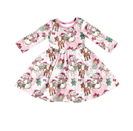 Baby Girls Christmas Pink Deer Snowman Long Sleeve Dresses preorder(moq 5)