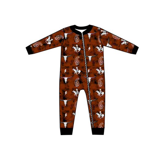 Baby Girls Western Horse Brown Long Sleeve Zip Rompers preorder(moq 5)