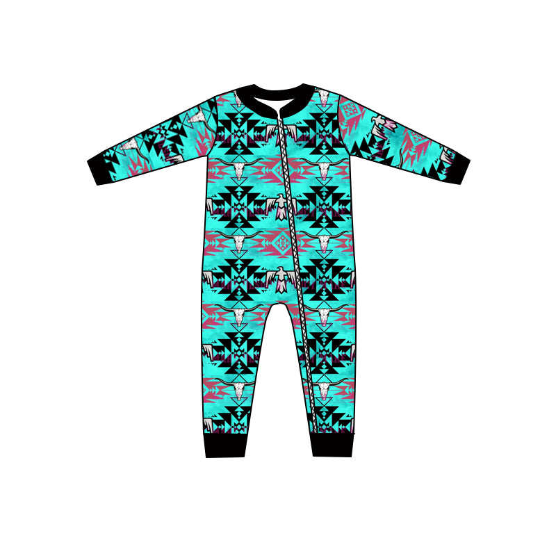 Baby Girls Western Turquoise Bird Long Sleeve Zip Rompers preorder(moq 5)