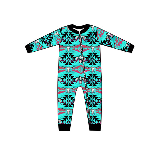 Baby Girls Western Turquoise Bird Long Sleeve Zip Rompers preorder(moq 5)