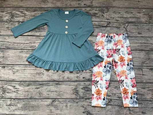 Baby Girls Green Ruffle Tops Floral Legging Pants Clothes Sets