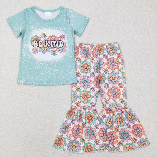 Baby Girls Be Kind Flowers Tee Tops Flare Bell Pants Clothes Sets