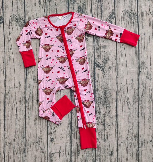 Preorder (moq 20)Baby Boys Bamboo Long Sleeves Highland Cows Hearts Zipper Rompers