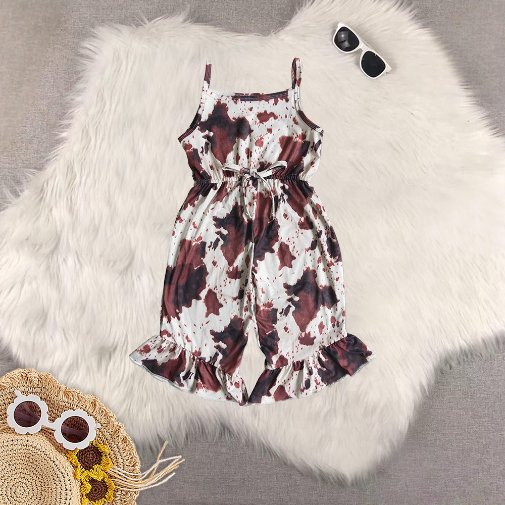 Sibling Baby Girls Summer Cow Print Bow Knee Length Dress Jumpsuit Zipper Rompers