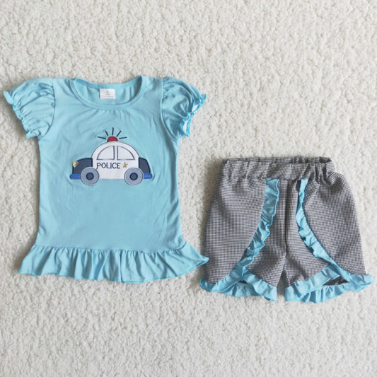 Baby girls car blue embroidered ruffle shorts sets