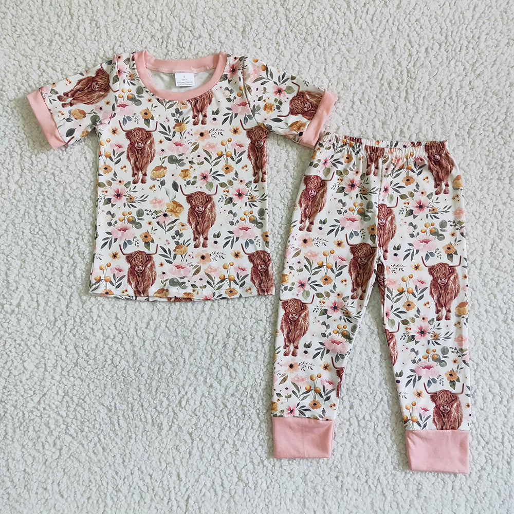 Sibling Baby Girls Western Highland Cow Pink Sister Clothes Sets