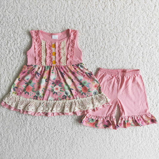 Baby Girls Pink Flowers Lace Summer Tunic Ruffle Shorts Clothes Sets