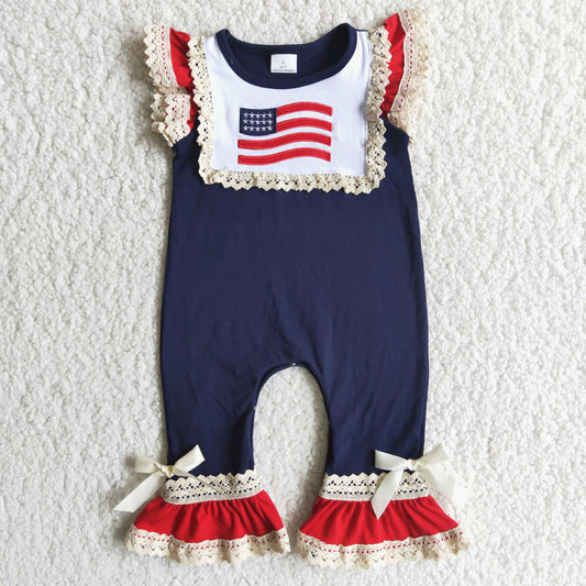 USA Shop Baby Girls Embroidery Flags 4th of July Ruffle Pant Rompers