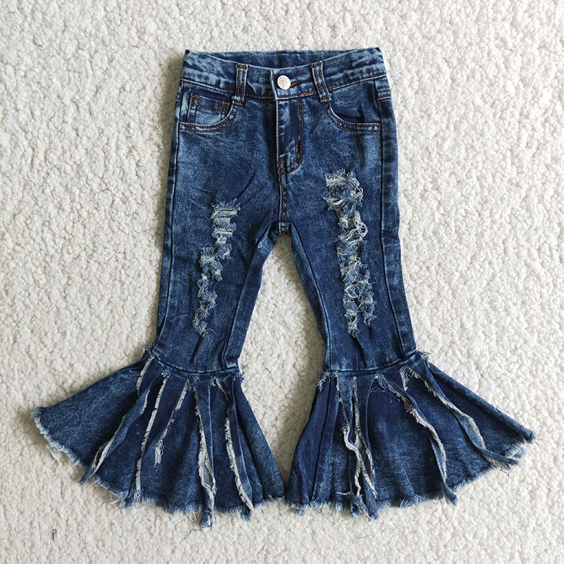 Sibling Baby Girls Blue Ruffle Bell Bottom Denim Pants Jeans