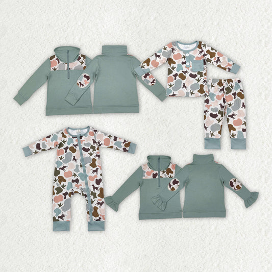 Sibling Boys Girls Green Camo Ducks Rompers Pullovers Pajamas Sets