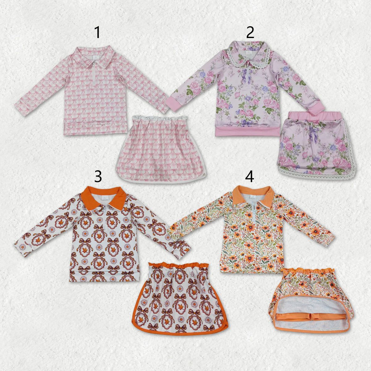 Sibling Baby Girls Long Sleeve Flowers Bows Zip Pumpkins Top Skirt Short Clothes Sets