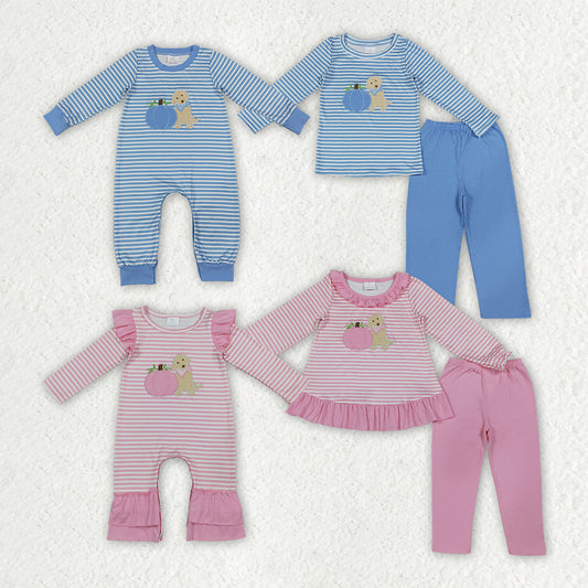 Sibling Baby Kids Embroidery Dog Pumpkins Stripe Tunic Leggings Fall Set Rompers