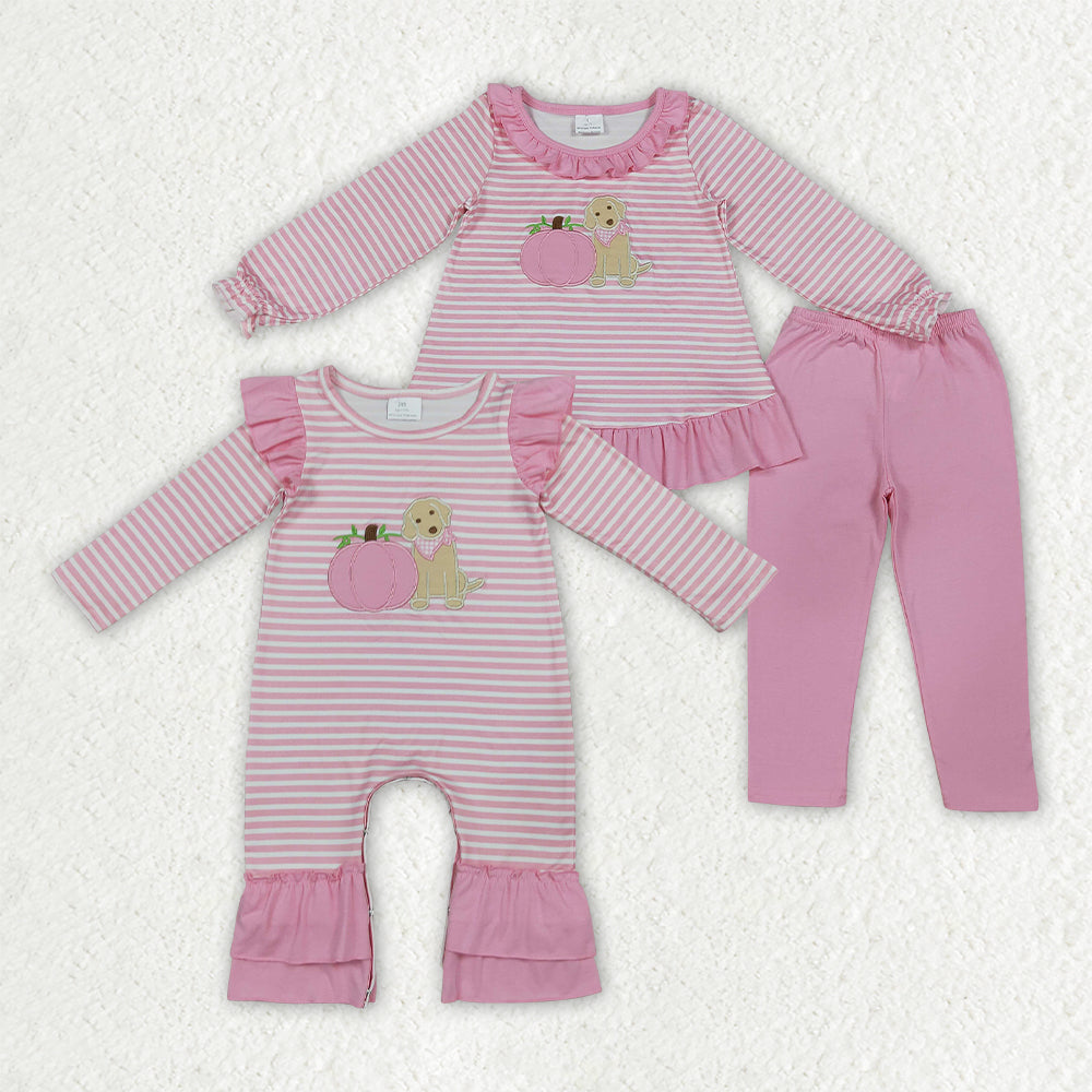 Sibling Baby Girls Pink Stripe Embroidery Dog Pumpkins Tunic Leggings Fall Set Rompers