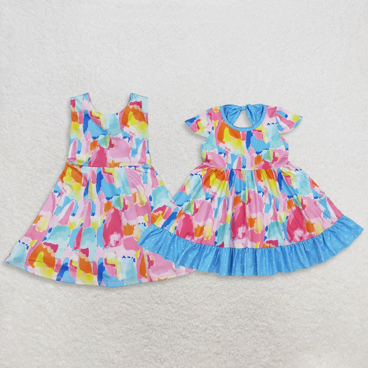 Sibling Baby Girls Tie-dye Print Yoga Active Short Milk Silk Ruffle Knee Length Dress