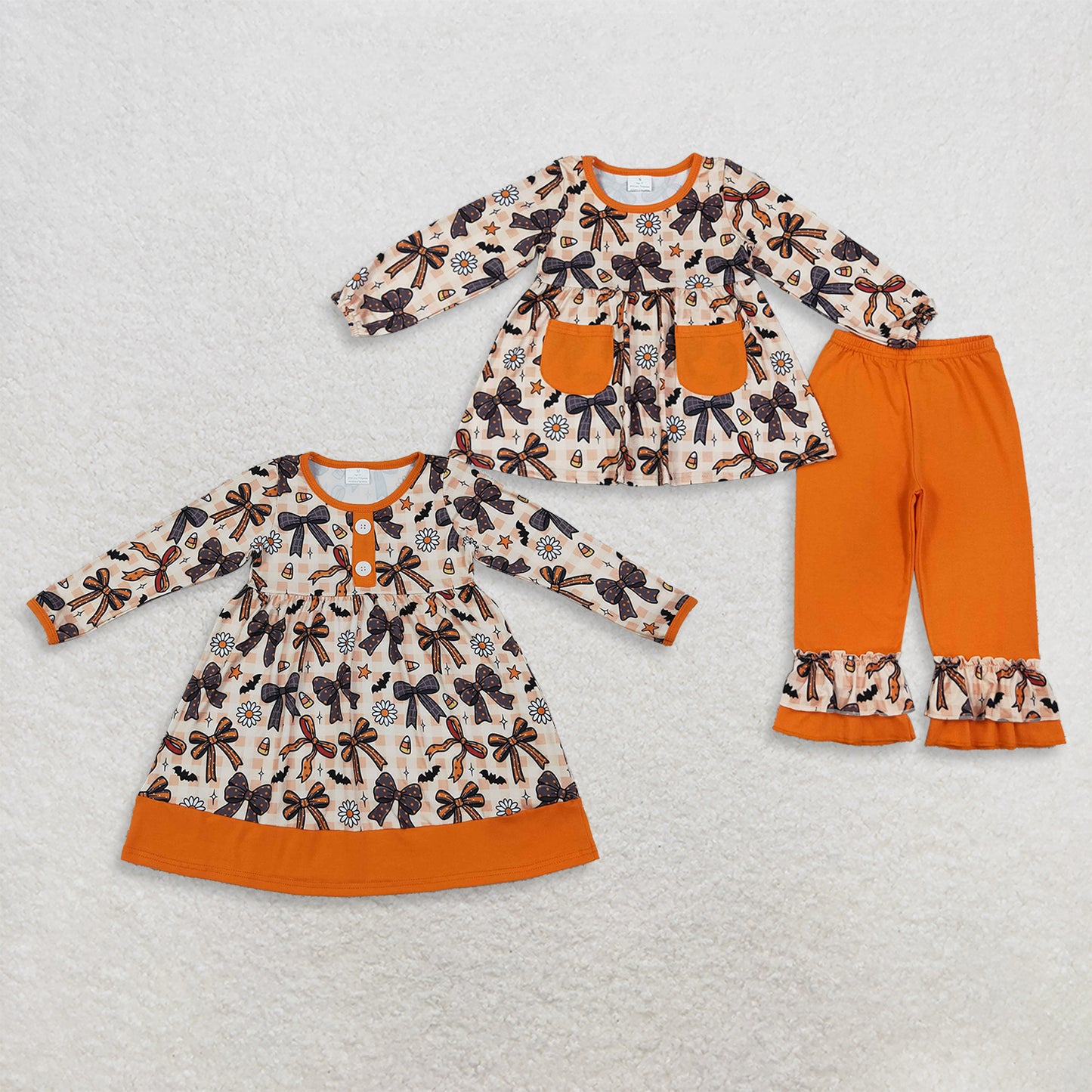 Sibling Baby Girls Bats Flowers Bows Pockets Tunic Ruffle Pant Halloween Clothes Set Button Dress