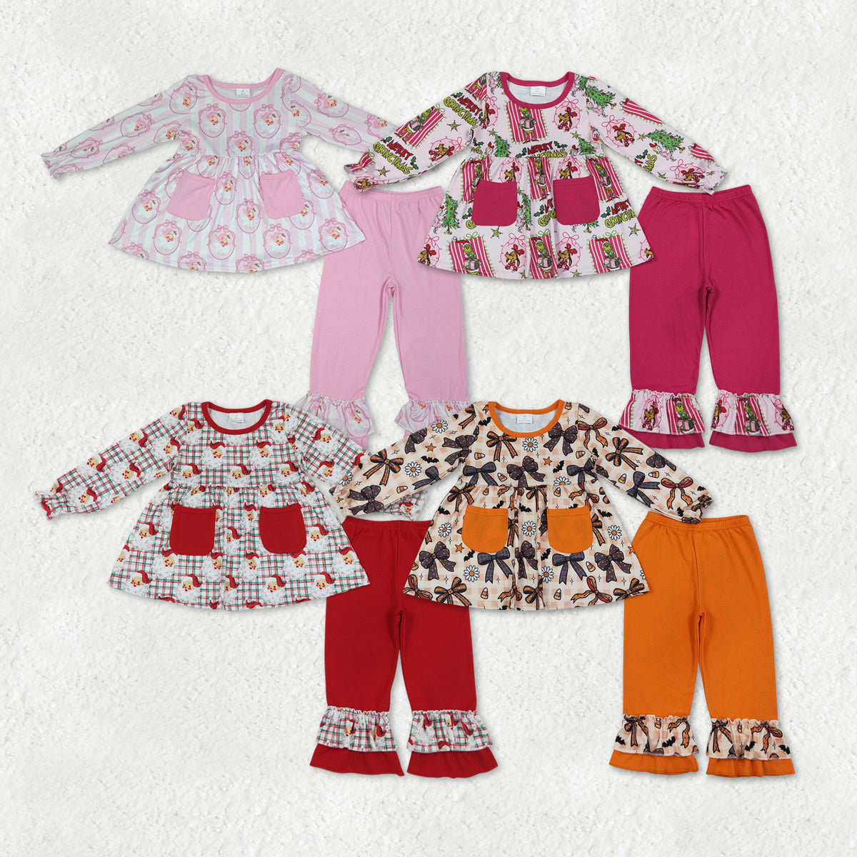 Sibling Baby Girls Santa Pockets Tunic Ruffle Pants Christmas Clothes Sets