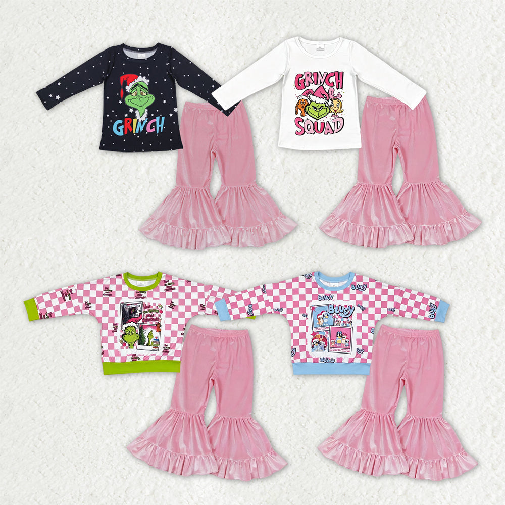 Sibling Baby Girls Christmas Frogs Dogs Shirt Top Velvet Bell Bottom Pant Clothes Sets