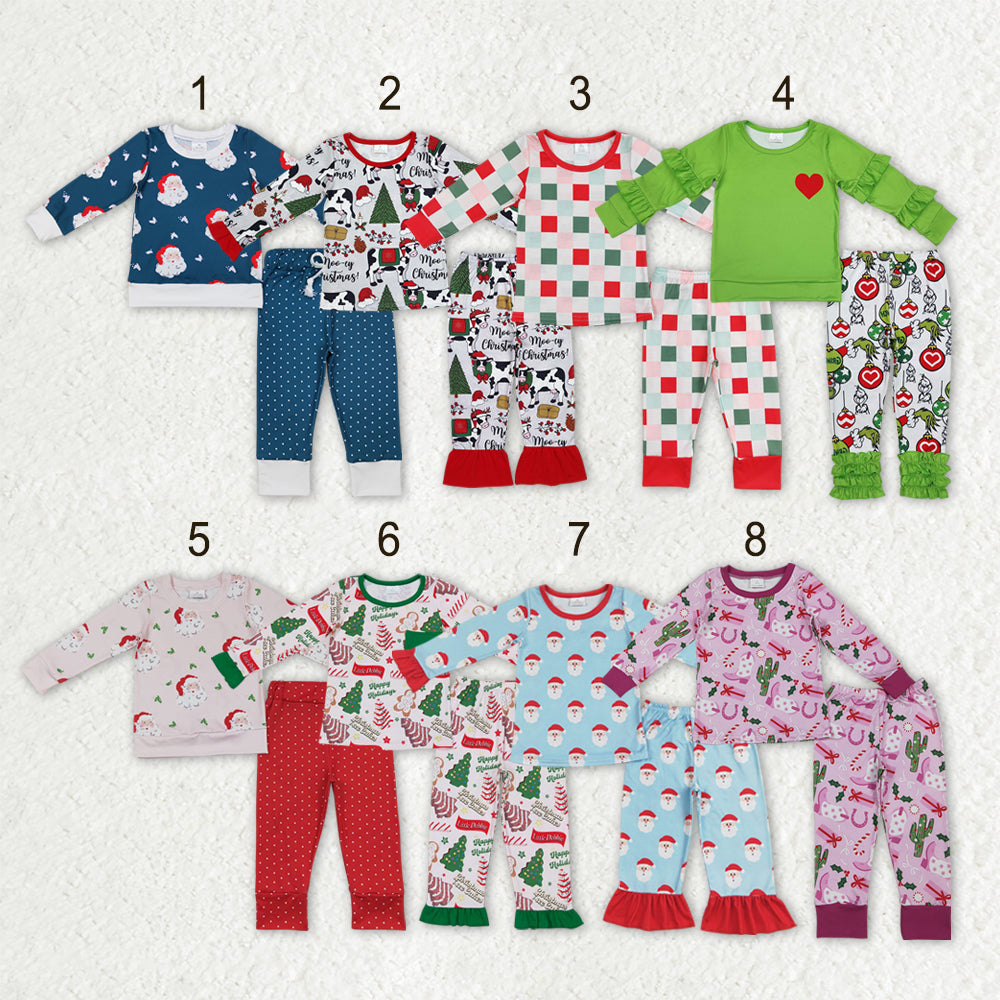 Sibling Baby Girls Christmas Long Sleeves Santa Trees Top Pant Pajamas Clothes Sets