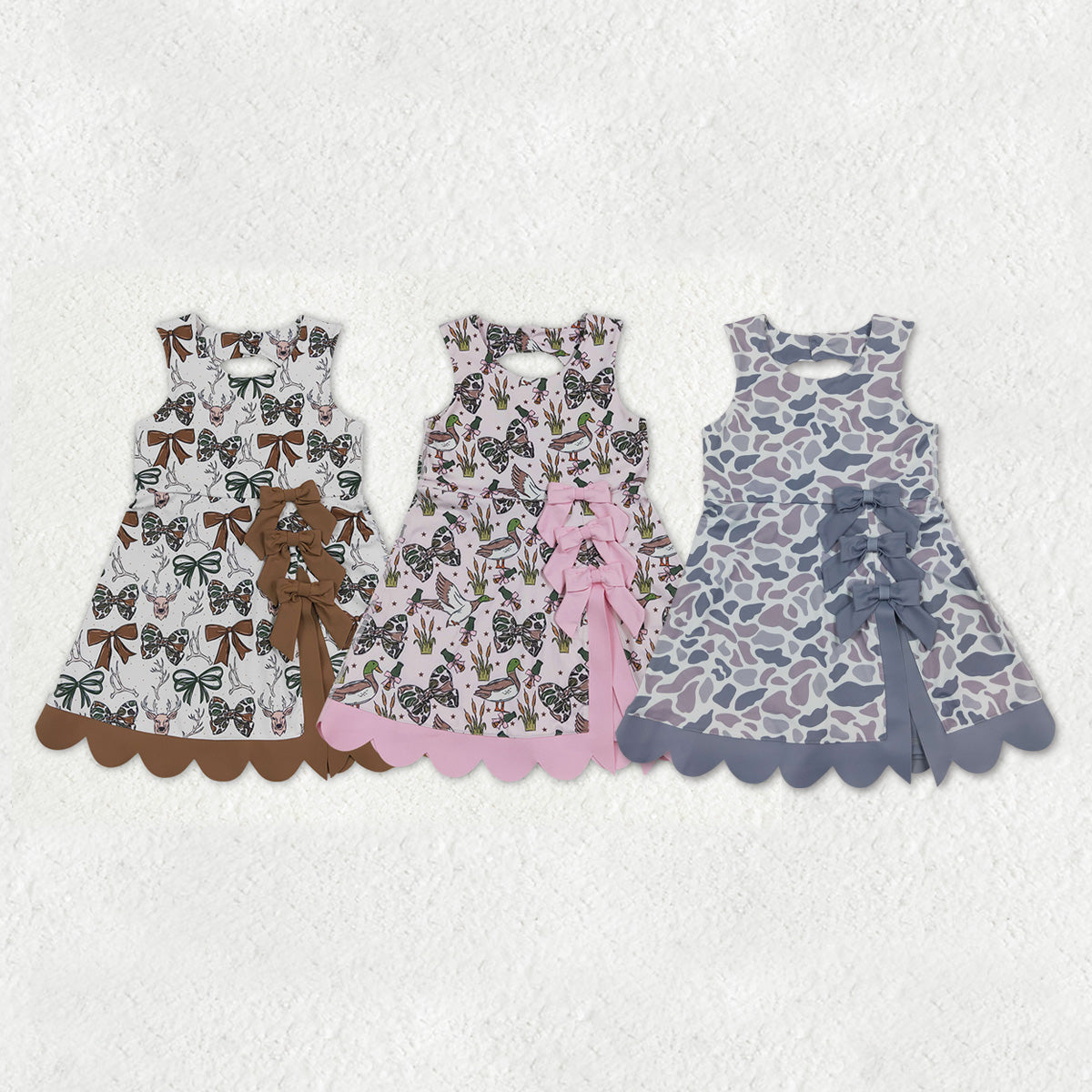 Sibling Baby Girls Camo Bows Ducks Yoga Active Short Bow Scallop Knee Length Dresses