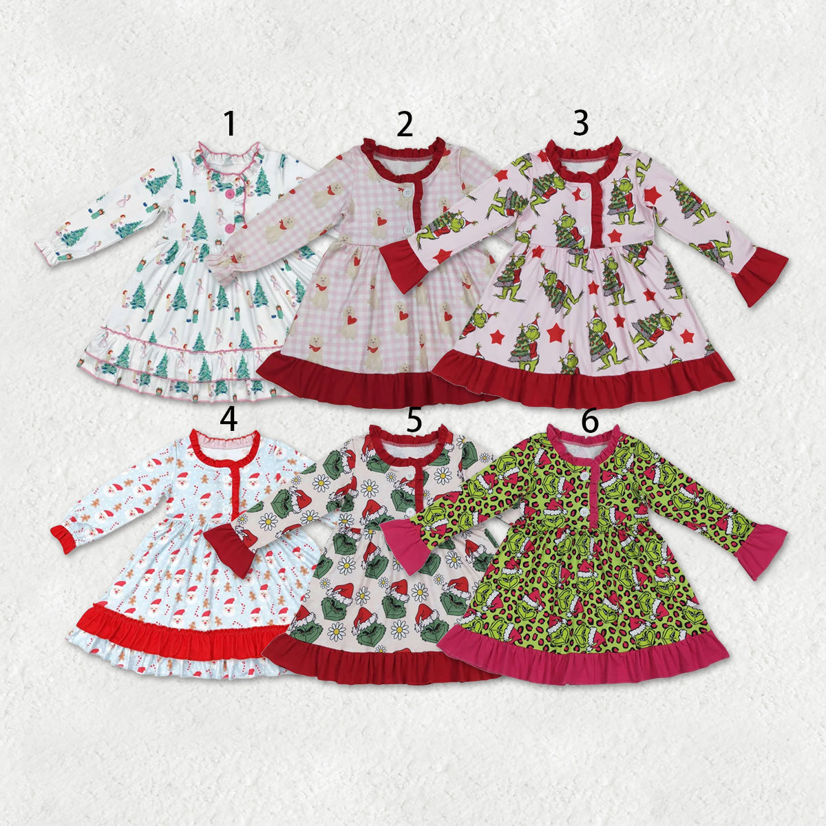Sibling Baby Girls Long Sleeve Colorful Frogs Trees Christmas Button Knee Length Dresses