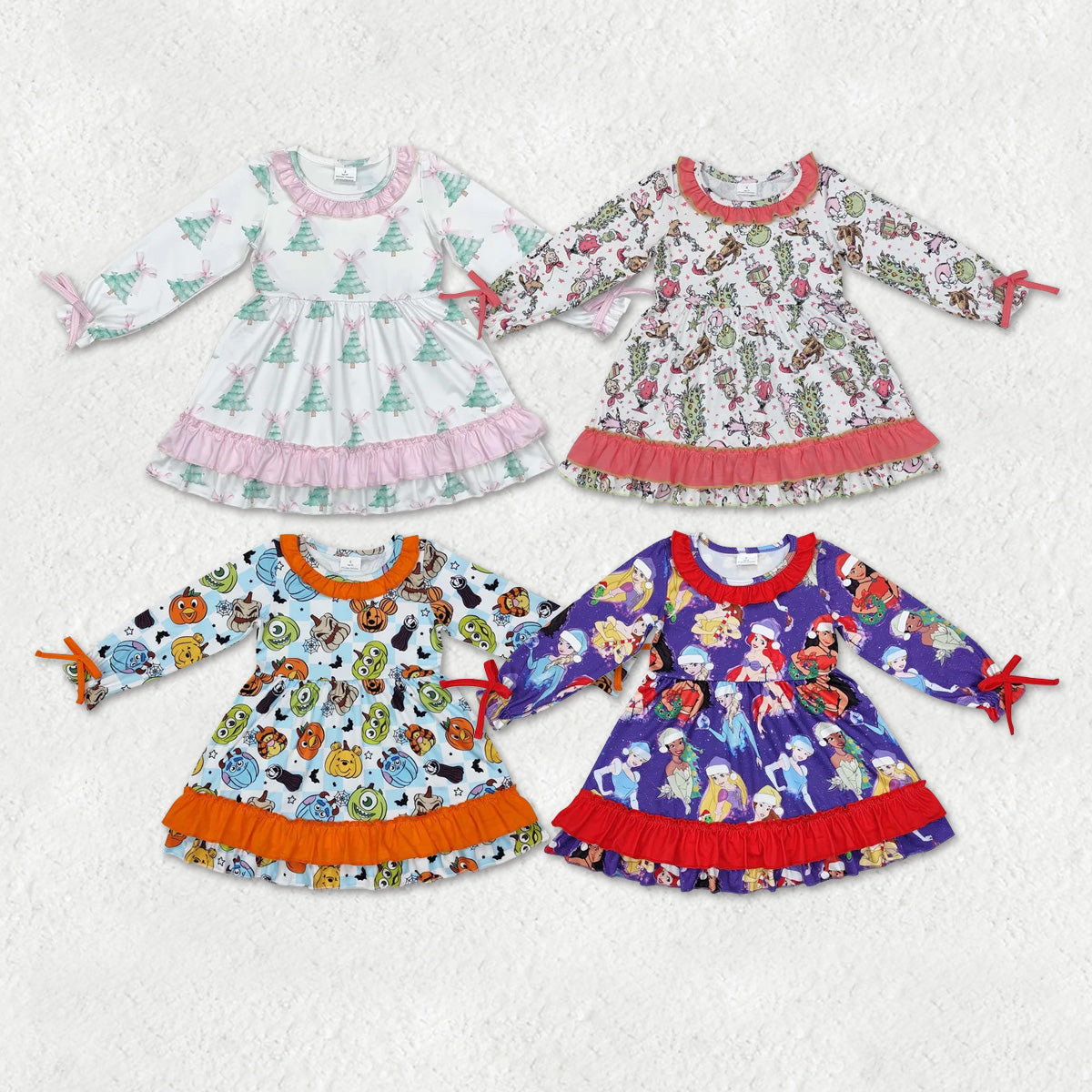 Sibling Baby Girls Long Ruffle Sleeve Cartoon Pumpkins Princess Trees Knee Length Dresses