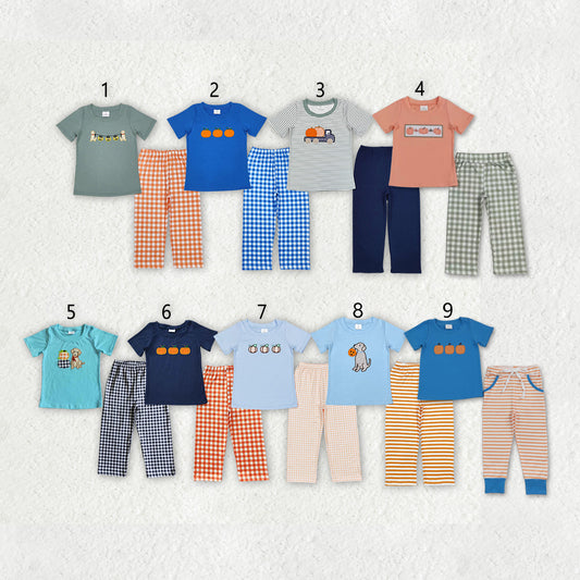 Sibling Baby Boys Embroidery Pumpkins Trucks Top Checked Stripe Pants Fall Clothes Sets